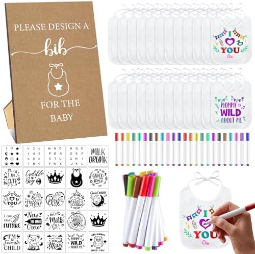 Panitay 100 Pcs DIY Baby Bibs Decorating Kit 50 White Bibs 25 Stencils 24 Markers 1 Baby Shower Game Sign by Panitay