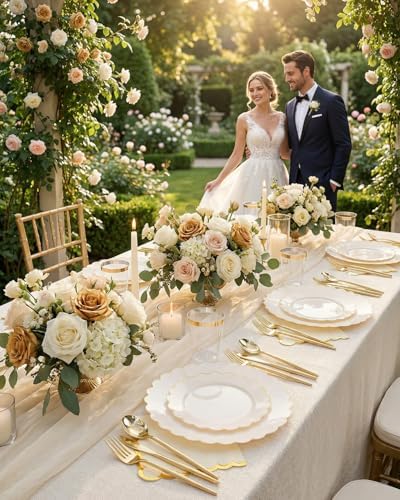 351 Pcs Ivory Plastic Dinnerware Set Disposable Party Plates for Wedding - Image 5