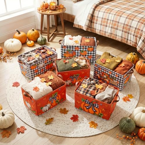 CHENGU 6 Pack Fall Storage Bins Collapsible Autumn Pumpkin Baskets for Home - Image 5