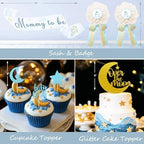 Costova Over the Moon Baby Shower Decorations – 125 PCs Moon and Star Themed Party Supplies with Balloon Garland, Cake Topper, Backdrop, Tablecloth, Moon & Star Foil Balloon, Sash, Badge - Image 4