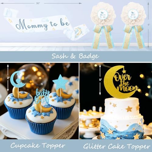 Costova Over the Moon Baby Shower Decorations – 125 PCs Moon and Star Themed Party Supplies with Balloon Garland, Cake Topper, Backdrop, Tablecloth, Moon & Star Foil Balloon, Sash, Badge - Image 4