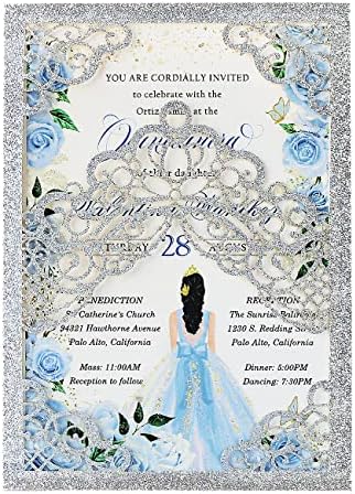 Hosmsua 50PCS 5.1x7.3 Inch Silver Glitter Quinceanera Invitations Cards Laser Cut Floral Crown Pocket Invitation with Envelopes for Birthday Bridal Shower by Hosmsua