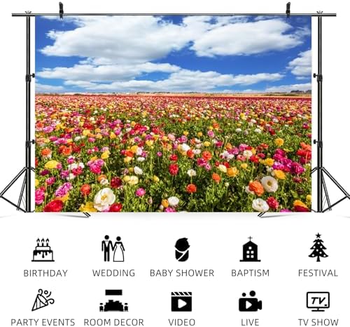 15x8ft Flower Field Backdrop Colorful Ranunculus Meadow Floral Landscape Photography Background Blue Sky White Clouds Spring Scenery Decor Weddings Banner Mother's Day Decors - Image 5
