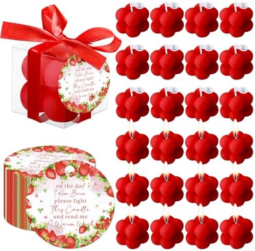 MTLEE 24 Sets Strawberry Baby Shower Favors Small Bubble Candle for Guests Tea Candles Bulk with Stylish Ribbons Cards Gifts Party Decoration(Bright Red, Strawberry) by MTLEE