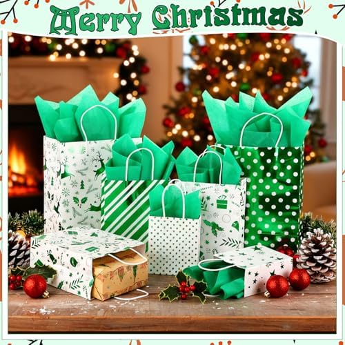 Humyoun 24 Pack Christmas Paper Gift Bags Bulk Assorted Sizes, White,Green - Image 5