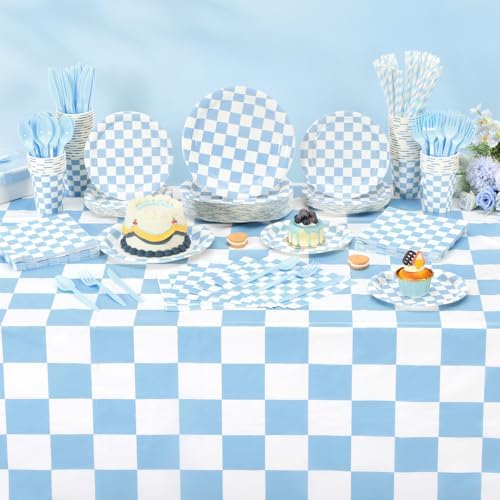 Funnymoom 452 Pcs Light Blue and White Gingham Party Supplies for 50, Blue Checkered Gingham Paper Plates Napkins Cups Tablecloth Cutlery Straws for Baby Shower Picnic Camping Birthday Decoration - Image 4