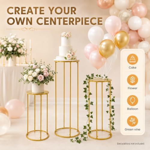 3 Pcs Cylinder Pedestal Stands for Party, Gold Metal Plant Stand - Image 3