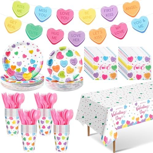 Ziliny 171 Pcs Valentine's Day Party Decorations Serve 24, Conversation Hearts Paper Plates Napkins Cup Banner Tablecloth Cutlery Valentine Galentine Day Anniversary Wedding Baby Shower Party Supplies by Ziliny