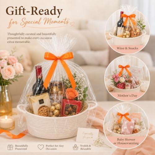 9Pcs Baskets for Gifts Empty with Gift Bags and Ribbons, Small Cute Woven Cotton Rope Basket, for Easter Mother's Day, Baby Nursery Room Shelf Storage Toy Pet Organizer to Fill, White, 12 x 8 x 5 inch - Image 6