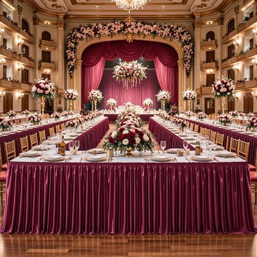17ft Length Satin Burgundy Table Skirt Rectangle Tables, Wrinkle Free Pleated Ruffle Table Cloth Glitter Desk Skirting for Weddings Birthday Party Satge Banquet Dining Table Decorations - Image 3