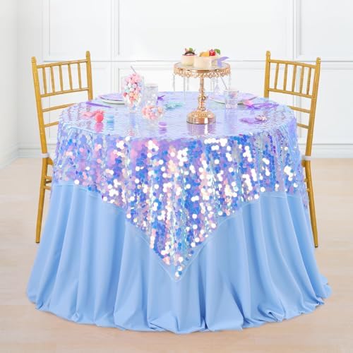 QueenDream Blue Sequin Tablelcoth for Party - 51x47 inch Iridescent Fabric Sparkly Blue Table Cloth for Mermaid Birthday Party Decorations - Image 6
