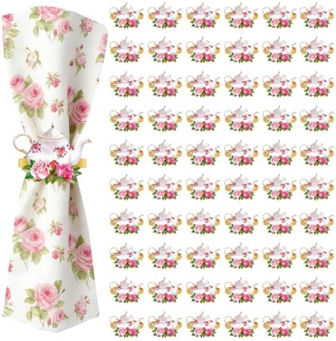 60 PCS Vintage Floral Teapot Napkin Ring Vintage Teapot Napkin Holder Tea Party Table Decor for Floral Theme Tea Party Birthday Wedding Bridal Shower Supply by EYNDYN