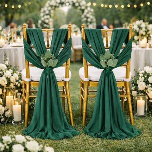 QueenDream Emerald Green Chair Sashes Wedding: 50 Pieces Long Sheer Wedding Aisle Chair Decorations Tulle Chairs Covers with Artificial Eucalyptus - Image 6