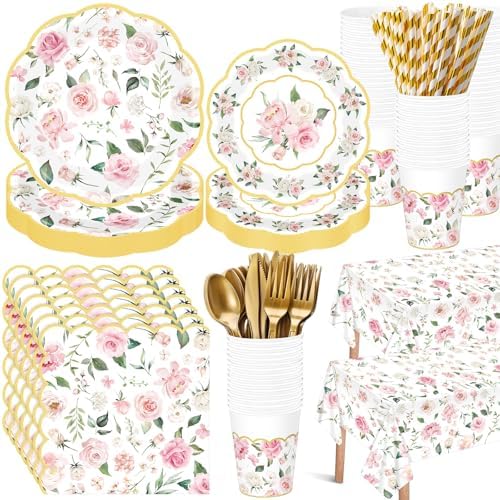 LemonRoad 452 Pcs Pink Floral Party Supplies for 50, Pink Floral Paper Plates Napkins Cups Tablecloth Cutlery Straws Disposable Tableware for Bridal Shower Baby Shower Birthday Tea Party Decorations by Unknown