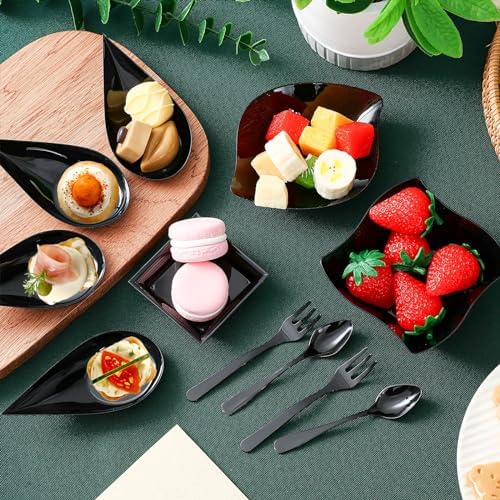 Tessco for you 400 Pcs Mini Appetizer Plates Set Including 200 Disposable Dessert Plates Assorted Shape 100 Mini Plastic Forks 100 Plastic Spoons for Party (Classic Style, Black) - Image 4
