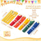 Lasnten 50 Pcs Pre-rolled Gold Plastic Silverware Set with Napkin, Colorful - Image 2