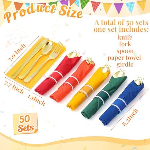 Lasnten 50 Pcs Pre-rolled Gold Plastic Silverware Set with Napkin, Colorful - Image 2