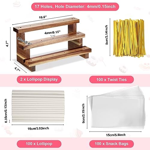 Tuanse 2 Pack Wooden Cake Pop Stand 3 Tier Cake Pop & Lollipop Display Holder with 100 Treat Bags Lollipop Sticks and Gold Twist Ties for Dessert Table Wedding Baby Shower Birthday Party(Acacia Wood) - Image 2