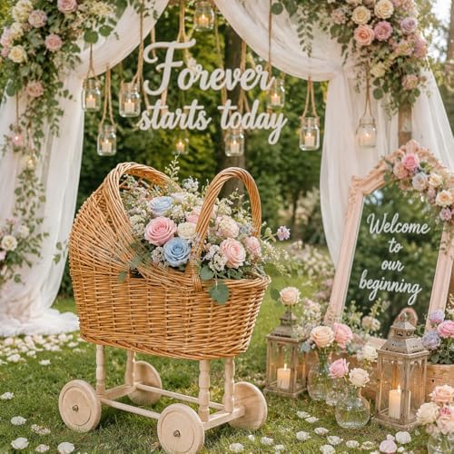 23.6 Inch Woven rattan baby stroller baskets, vintage rattan flower cart, wedding and gift decorations, pushcart-style decorative flower stands - Image 5