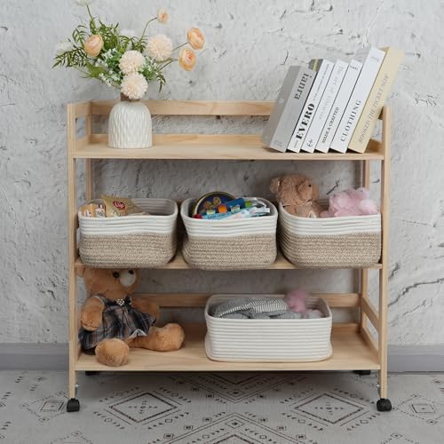 XUANGUO Small Woven Storage Baskets for Shelves, 13" x 9" x 5", White/Brown - Image 4