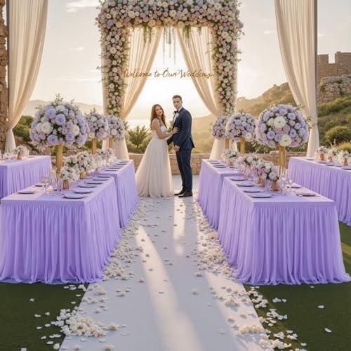 Purple Fitted Tablecloth Rectangle 6 Foot Stretch Elastic Tulle Ruffle Tablecloths Rectangular Spandex Table Covers 6ft Birthday Baby Shower Wedding Party Table Cloths with Skirt 2Pack by LittleFunny