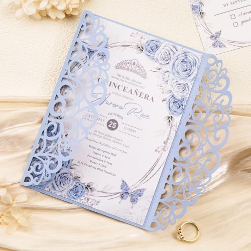 50PCS Blue Customizable Wedding Invitations with Envelopes and RSVP Cards - Image 2