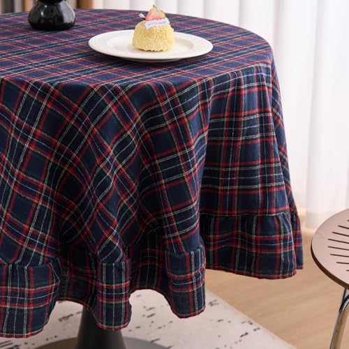 vctops Christmas Navy Plaid Ruffle Table Cloth, Farmhouse Cotton Linen Tablecloth, Washable Table Cover for Round Table Baby Shower Kitchen Party Wedding Decor (Navy,70") - Image 4