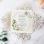 Hosmsua 50PCS Personalized Silver Glitter Wedding invitation with Envelopes, 6.3x6.3 Laser Cut Hollow Lace Rose Invitation for Wedding Engagement Birthday Invite (Customized Printed) - Image 5