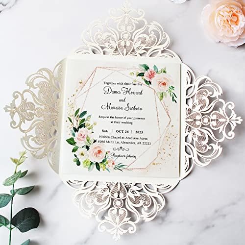 Hosmsua 50PCS Personalized Silver Glitter Wedding invitation with Envelopes, 6.3x6.3 Laser Cut Hollow Lace Rose Invitation for Wedding Engagement Birthday Invite (Customized Printed) - Image 5