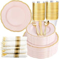 Hioasis 350 Pcs Pink and Gold Plastic Plates for Wedding & Party by Hioasis