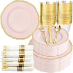 Hioasis 350 Pcs Pink and Gold Plastic Plates for Wedding & Party by Hioasis