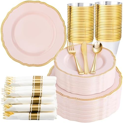 Hioasis 350 Pcs Pink and Gold Plastic Plates for Wedding & Party by Hioasis