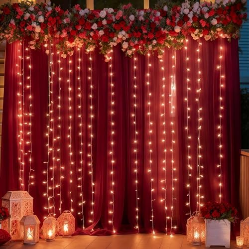 Shillance 30ft x 10ft Burgundy Backdrop Curtain with Lights String for Parties, Sheer Tulle Wedding Photo Backdrops Drapes for Baby Shower Birthday Party Decorations Background for Photography by Shillance