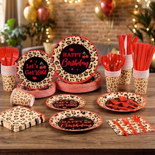 Ceenna 452 Pcs Red Cheetah Print Birthday Party Decorations for 50, Cheetah and Cherry Print Plates Napkins Cup Tablecloth Cutlery Straw Leopard Disposable Tableware for Women Y2K Night Party Supplies - Image 6