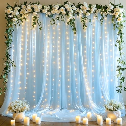 10x10ft Blue Tulle Backdrop Curtains with Lights String for Parties, Wrinkle Free Sheer Curtain Wedding Photo Backdop Drapes for Baby Shower Birthday Party Ceremony Photography Home Decorations by PartyTalk