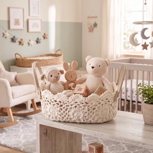Wenqik Beige Bobo Lace Woven Basket Crochet Basket Nursery Storage by Wenqik