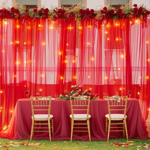30×10ft Red Tulle Backdrop Curtain with Lights String for Parties, Sheer Photo Backdrop Curtains for Wedding Party Photography Background - Image 3
