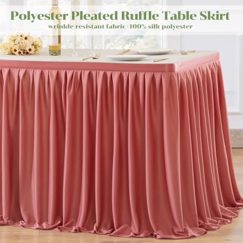 Partisky Rosy Pink Polyester Table Skirt for Rectangle Tables 14ft, Wrinkle Resistant Pleated Ruffle Table Cloth for Wedding Baby Shower - Image 4