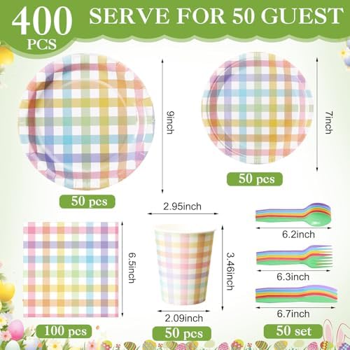 Funnymoom 400 Pcs Pastel Gingham Party Supplies for 50 Guests Pastel Pink Blue Yellow Checked Paper Plates and Napkins Cups Disposable Dinner Parties Set Cutlery for Holiday Spring Party Favor - Image 3