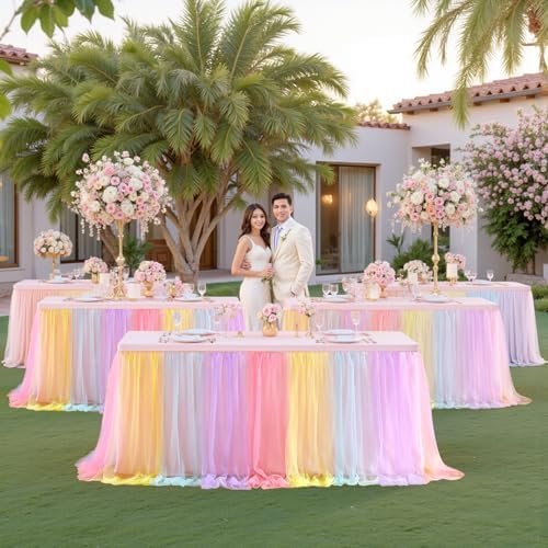 Rainbow Tablecloth Rectangle 6 Foot Elastic Fitted Tulle Ruffle Tablecloths Rectangular Stretch Spandex Table Covers 6ft Baby Shower Birthday Wedding Party Pastel Table Cloths with Skirt - Image 3