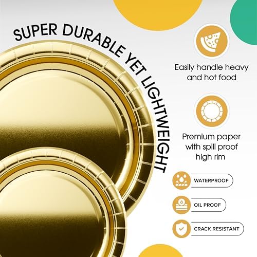 Party Solids Exquisite Gold Mixed Paper Plates - 7 & 9 200 Pack (100 Each) 350 GSM - Image 3