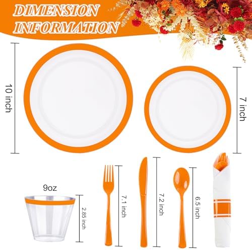 I00000 350 Pcs Clear Orange Plastic Plates Dinnerware Set for 50 Guests - Image 5