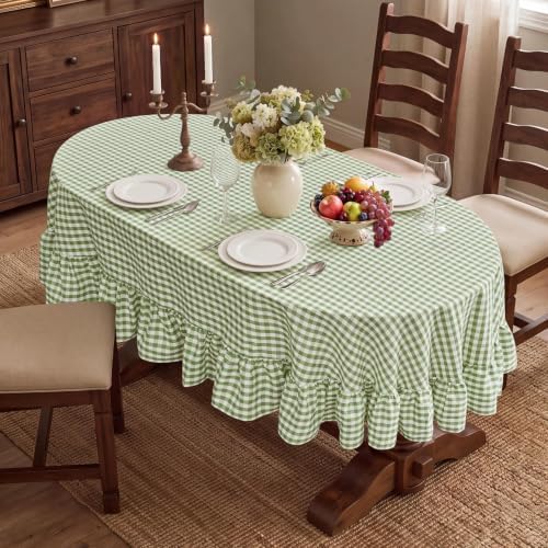 Romanstile Gingham Ruffled Oval Tablecloth, 60 x 84 Inch, Sage Green - Image 3