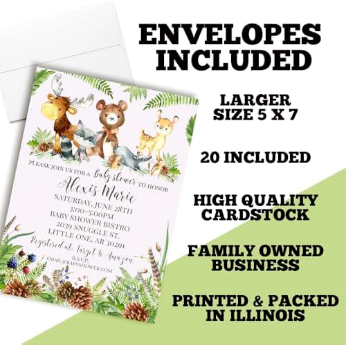 Amanda Creation Custom Baby Shower Invitations, 20 Personalized 5x7 Woodland Baby Shower Invites with White Envelopes, Customizable Forest Animal Design - Image 6