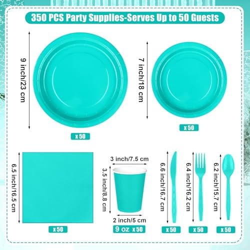 Kochorie 350 Pieces Teal Blue Dinnerware Set, 7 & 9 inch Dessert Paper Plates Cups Napkins Plastic Cutlery Disposable Party Supplies for Birthday Baby Shower Wedding, Serve 50 Guests - Image 2