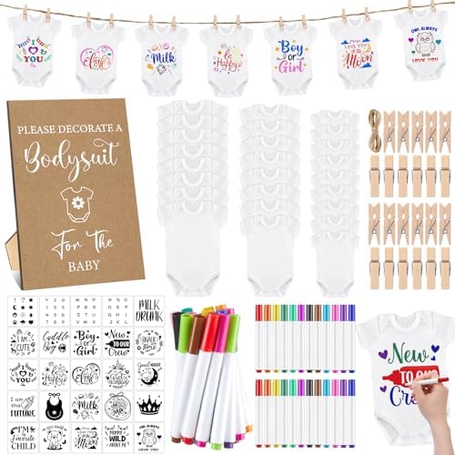 Panitay 126 Pcs Baby Shower DIY Bodysuit Set Bib 25 Blank White Newborn Bodysuit 25 Stencils 24 Marker 1 Sign 50 Pins(Kraft) by Panitay