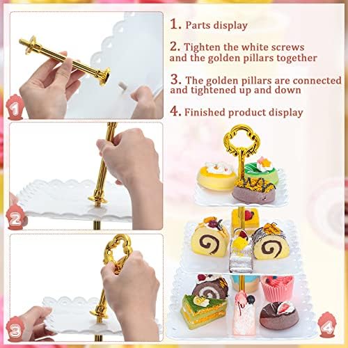 6 Sets of 3 Tier Tea Party Cupcake Stand, White Plastic Cupcake Dessert Plates Square Display Trays for Cake Fruit Candy Display Tower for Wedding Birthday Baby Shower Decorations - Image 4