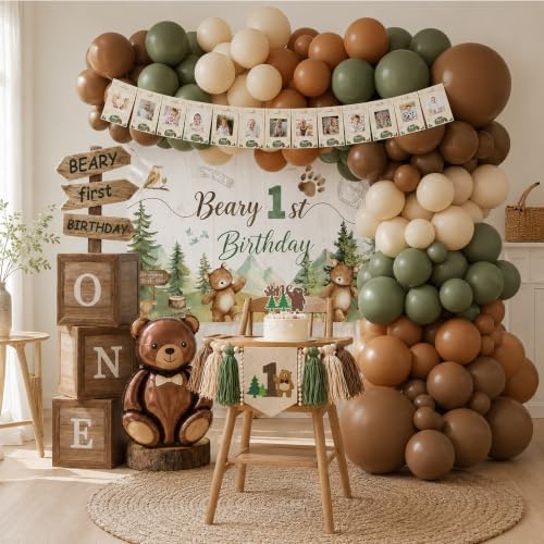 Beary First Birthday Decorations for Boy, All-In-One Woodland Bear Themed 1st Birthday Party Decorations Kit, Forest Bear Backdrop Balloon Garland Box Banner for Beary 1st Birthday Decorations Boy - Image 6