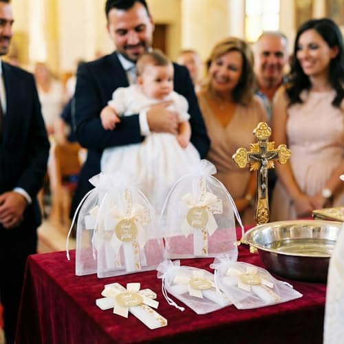 Ripeng 24 Sets Baptism Favors for Guests Bulk First Communion Favors Cross Fridge Magnets Gold Foil Cross with Bow God Bless You Tag Bags Mi Bautizo Recuerdos for Birthday Wedding Church(White) - Image 5