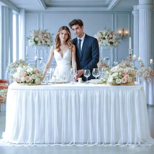 2 Pack White Tablecloth for 6 Foot Rectangle Tables with Tulle Table Skirt - Image 4